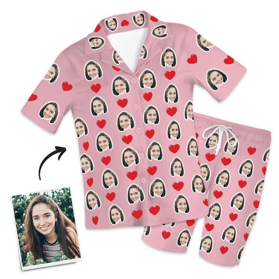 Custom Face Short Sleeved Pajamas With Hearts - Unique Pajamas Gifts For Mom