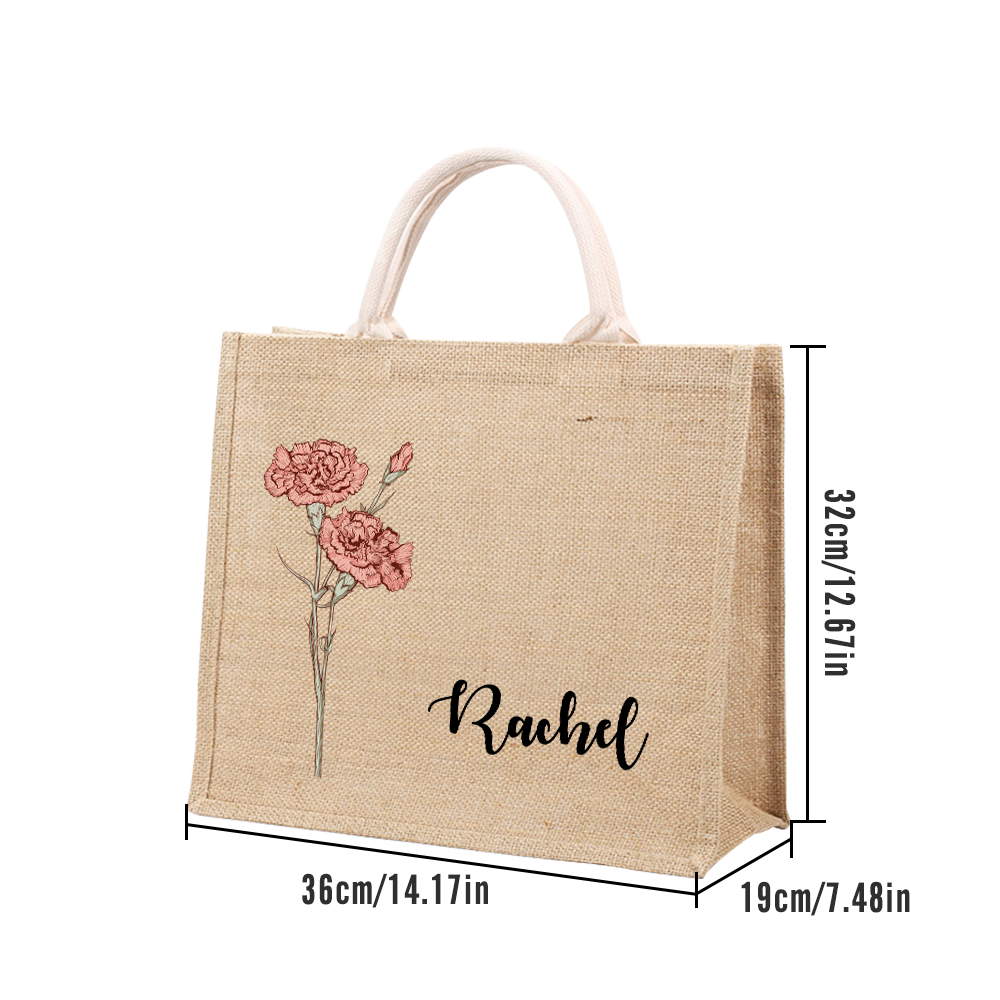 Personalized Birth Flower Beach Jute Tote Bag with Name Birthday Wedding Party Gifts for Her