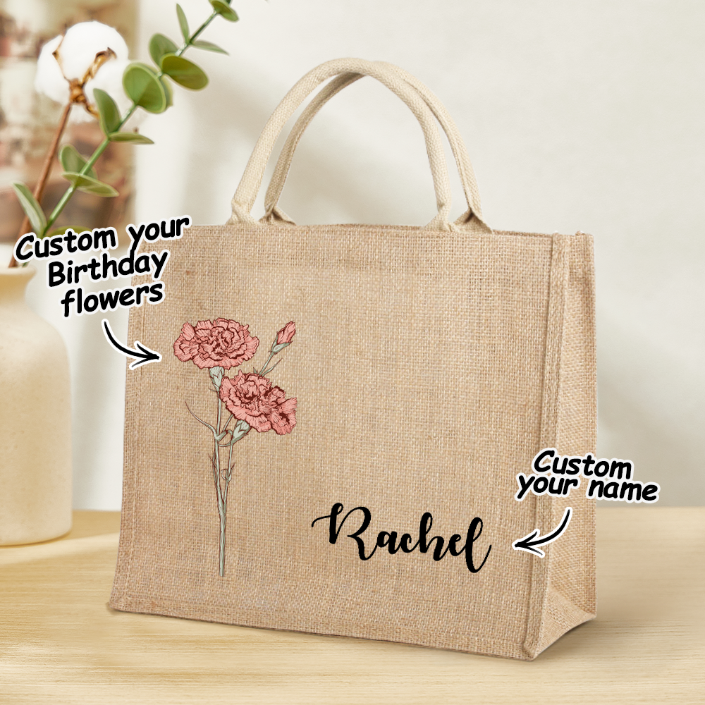 Personalized Birth Flower Beach Jute Tote Bag with Name Birthday Wedding Party Gifts for Her