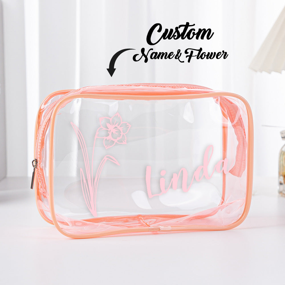 Personalized Birth Flower Name Clear Makeup Bag Birthday Wedding Travel Gift for Her