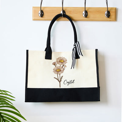 Personalized Birth Flower Canvas Tote Bag Large Capacity Beach Tote Bag Gift for Her - mysiliconefoodbag