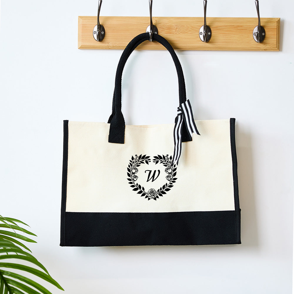 Personalized Wreath Initial Canvas Tote Bag Large Capacity Tote Bag Gift for Women