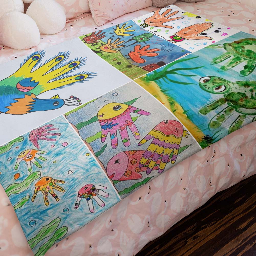 Custom Photo Blanket Turn Kid's Drawings into Blanket Gift for Parents from Kids