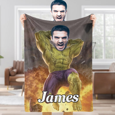 Custom Face Blanket Personalized Photo and Text Incredible Hulk Blanket Minime Blanket Best Gift For Him - mysiliconefoodbag