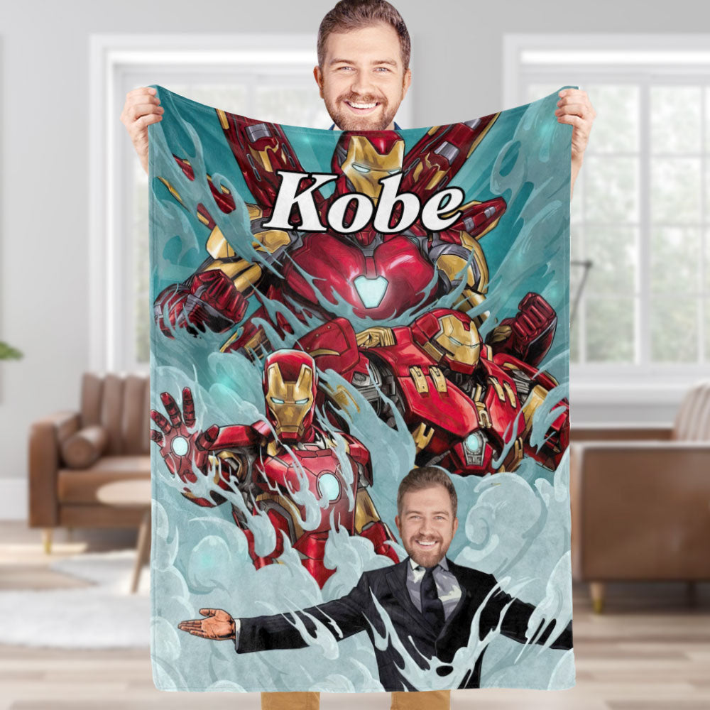 Custom Face Blanket Personalized Photo and Text Doppelganger Iron Man Blanket Minime Blanket Best Gift For Him