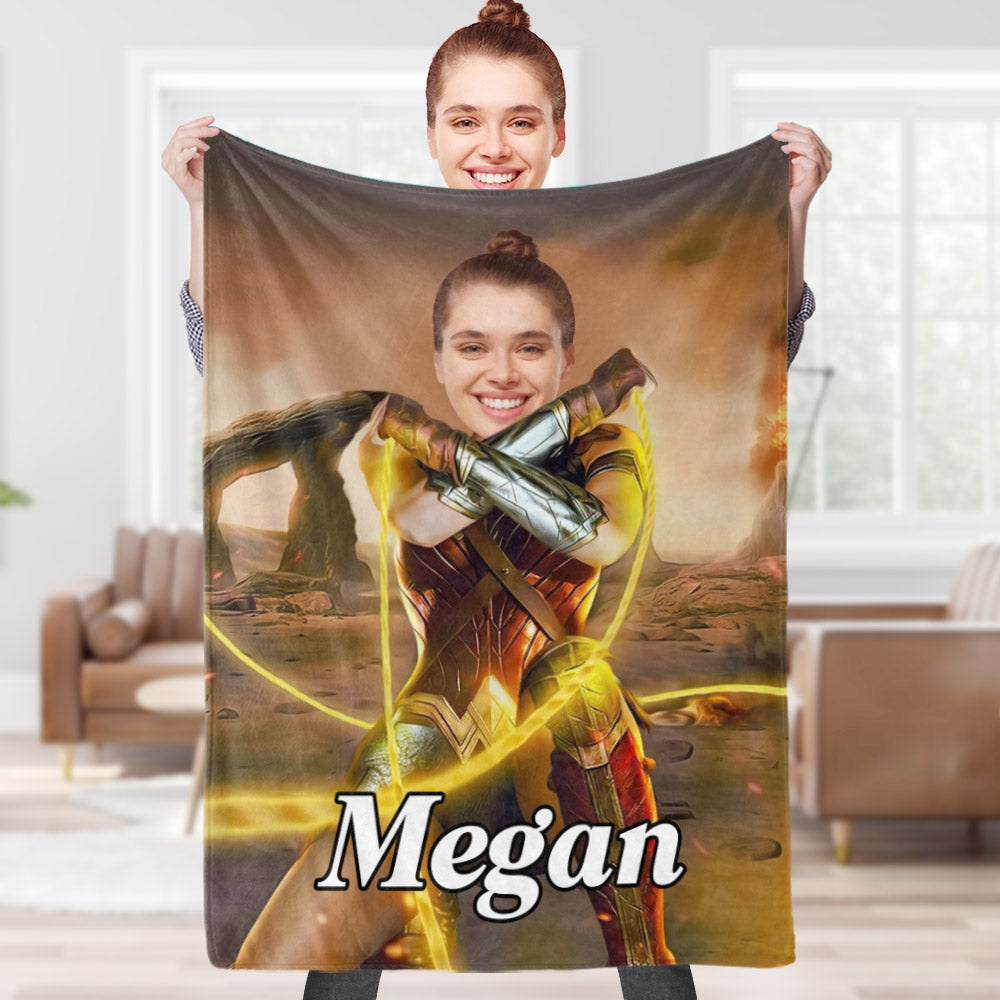 Custom Face Blanket Personalized Photo and Text Invincible Wonder Woman Blanket Minime Blanket Best Gift For Him