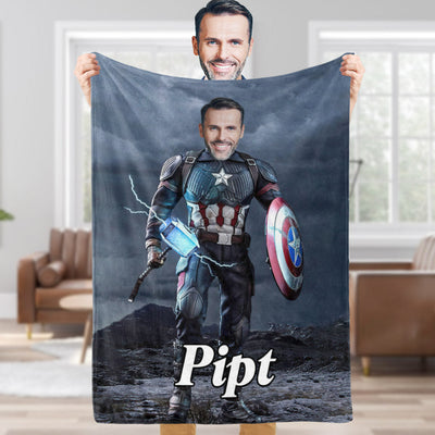 Custom Face Blanket Personalized Photo and Text Hammer Captain America Blanket Minime Blanket Best Gift For Him - mysiliconefoodbag