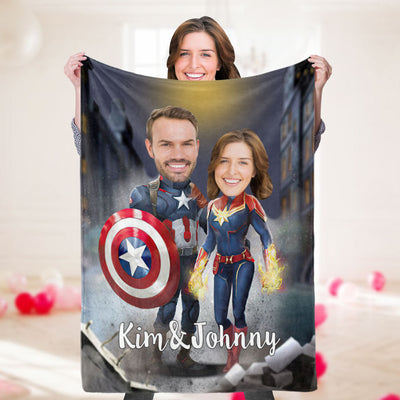 Custom Photo Blanket Personalized Couple Blanket Customized Superhero Blanket Captain America and Captain Marvel Blanket Valentine's Day Gifts - mysiliconefoodbag