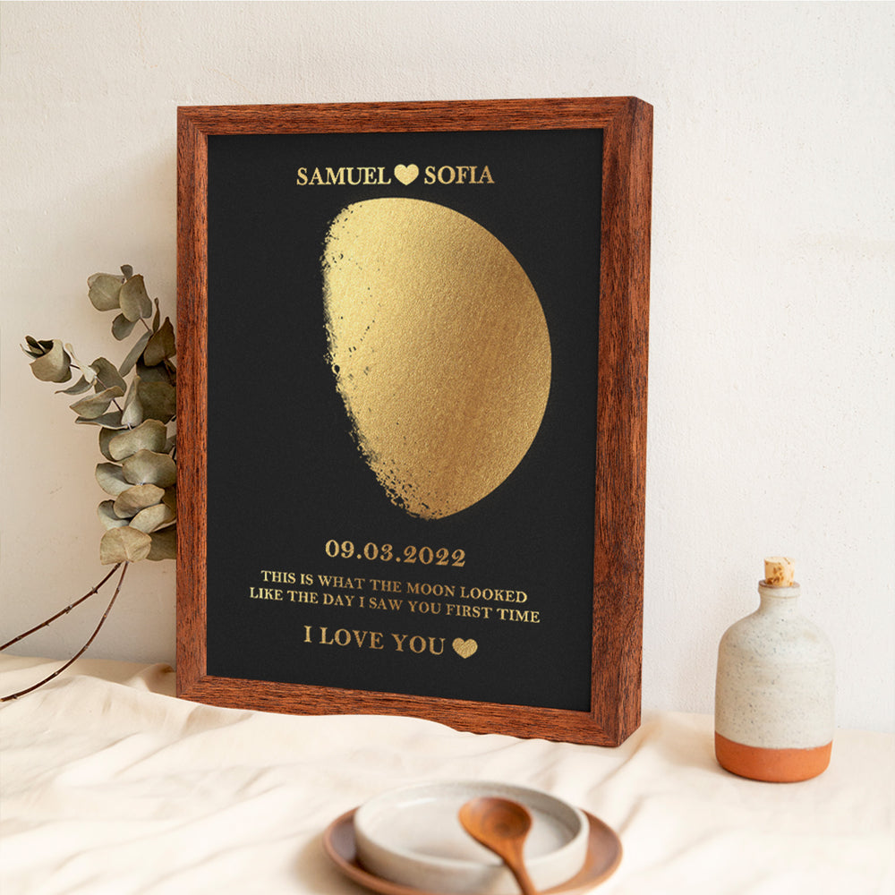 Custom Moon Phase Foil Print Wooden Frame Personalized Name and Text Family Gift