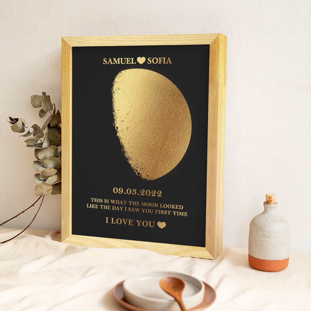 Custom Moon Phase Foil Print Wooden Frame Personalized Name and Text Family Gift