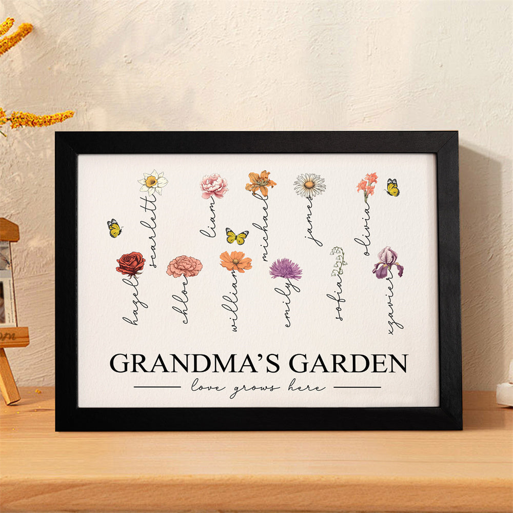 Custom Birth Month Flowers Garden With Grandkids Names Love Grows Here Personalized Wooden Photo Frame Mother's Day Gift