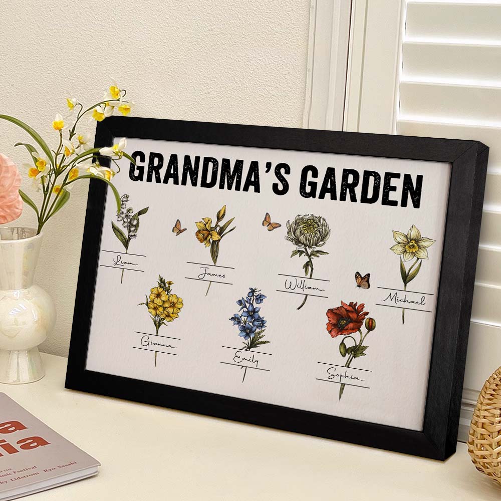 Custom Birth Month Flowers Garden With Grandkids Names Personalized Wooden Photo Frame Grandma's Garden Mother's Day Gifts