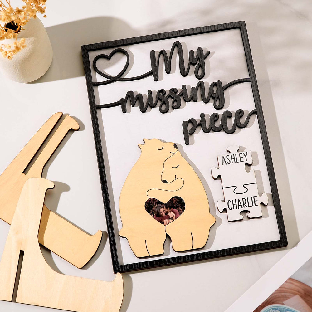 My Missing Piece Personalized Photo and Name Bear Couple 2 Layered Wood Plaque