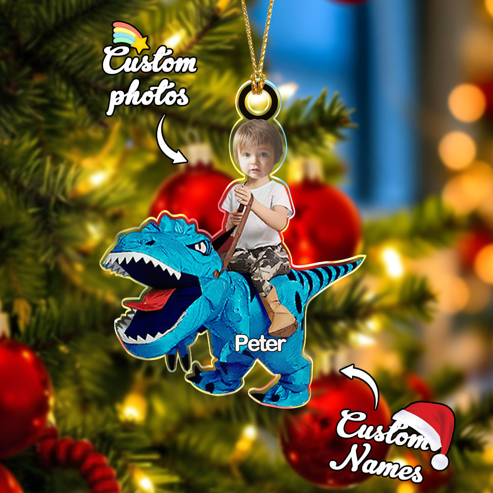 Personalized Cute Kid Rides The Dinosaurus Ornament with Name Christmas Ornament Gift