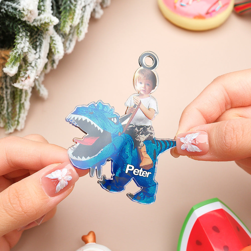 Personalized Cute Kid Rides The Dinosaurus Ornament with Name Christmas Ornament Gift