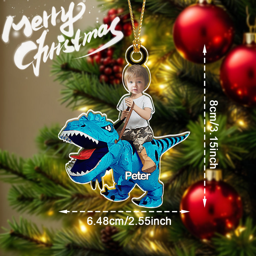 Personalized Cute Kid Rides The Dinosaurus Ornament with Name Christmas Ornament Gift