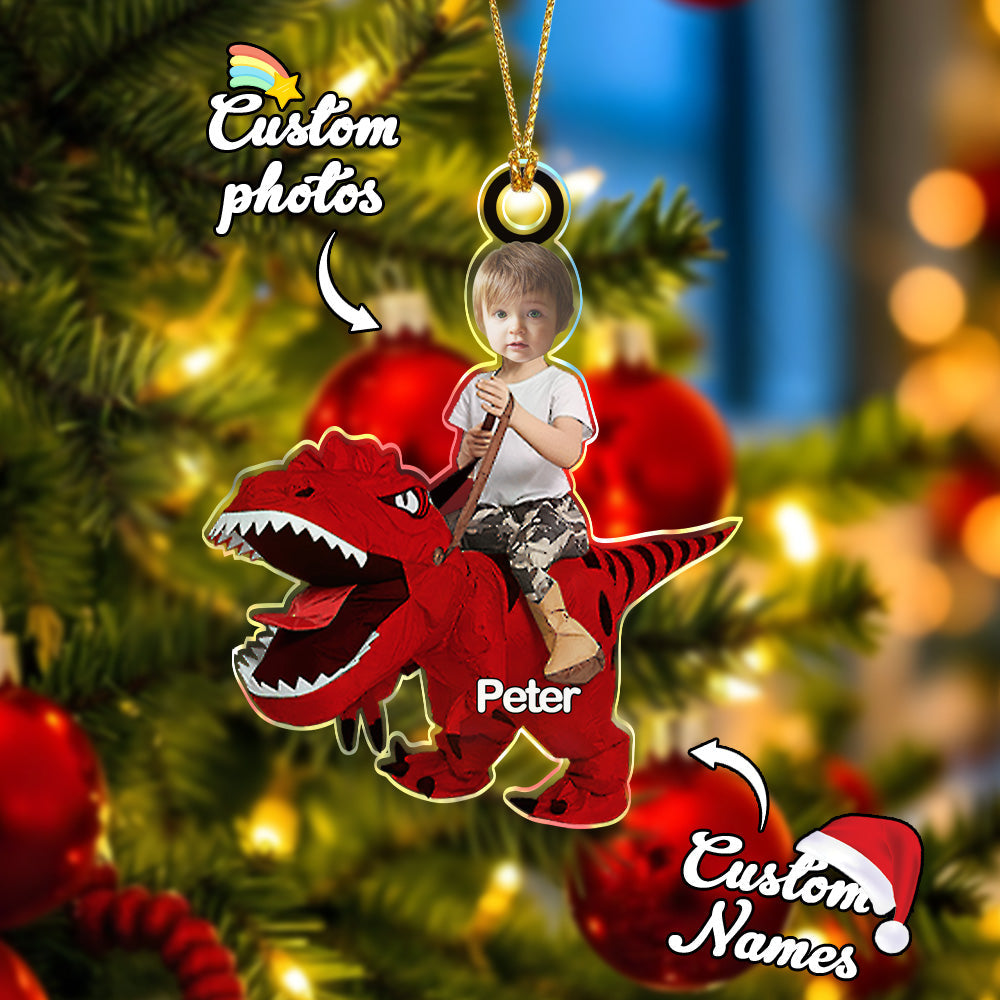 Personalized Cute Kid Rides The Dinosaurus Ornament with Name Christmas Ornament Gift