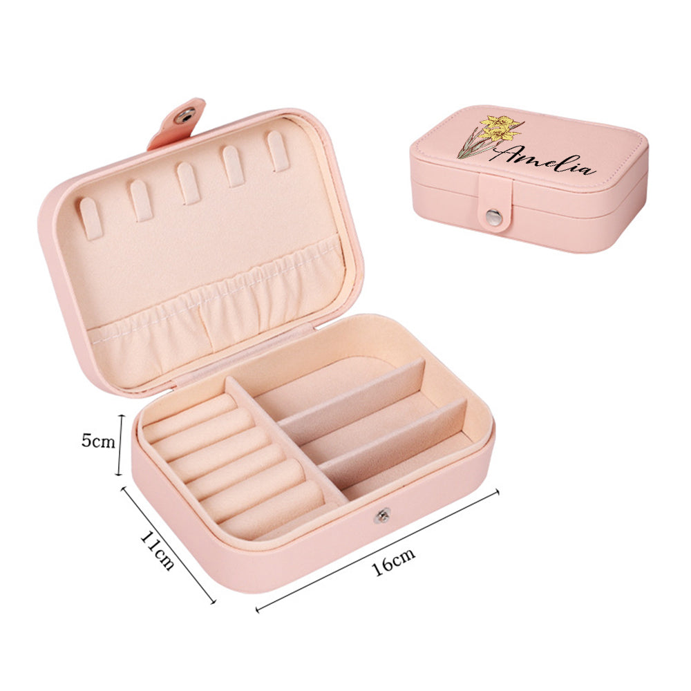 Personalized Birth Flower Leather Travel Jewelry Box with Name Waterproof Multiple Compartments Birthday Bridesmaid Gift for Women Girls