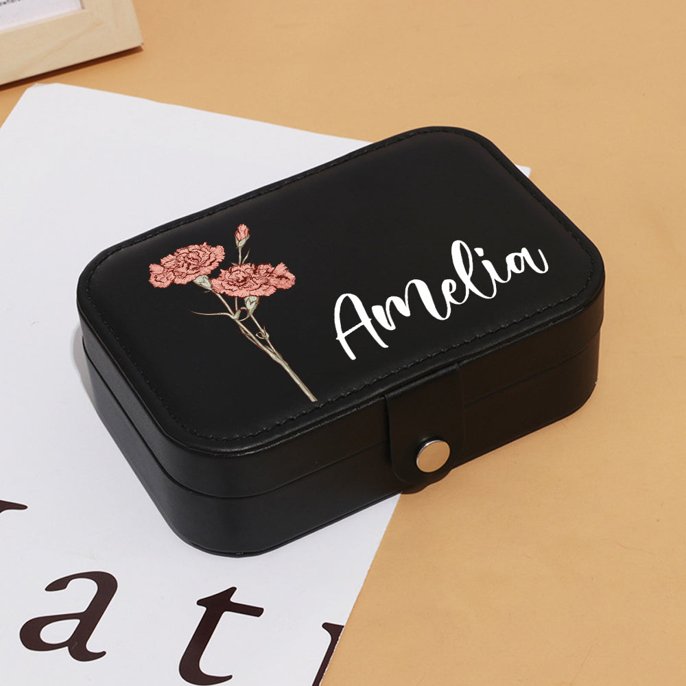 Personalized Birth Flower Leather Travel Jewelry Box with Name Waterproof Multiple Compartments Birthday Bridesmaid Gift for Women Girls