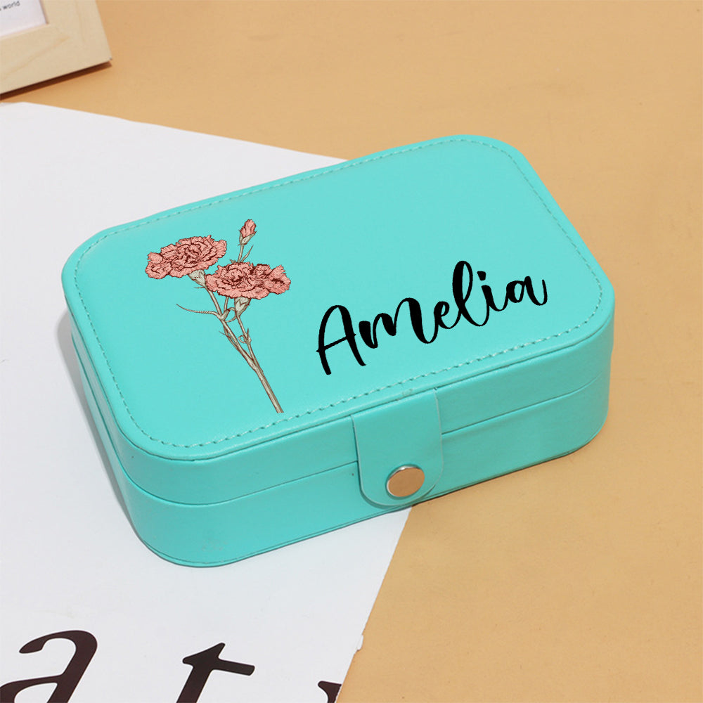 Personalized Birth Flower Leather Travel Jewelry Box with Name Waterproof Multiple Compartments Birthday Bridesmaid Gift for Women Girls