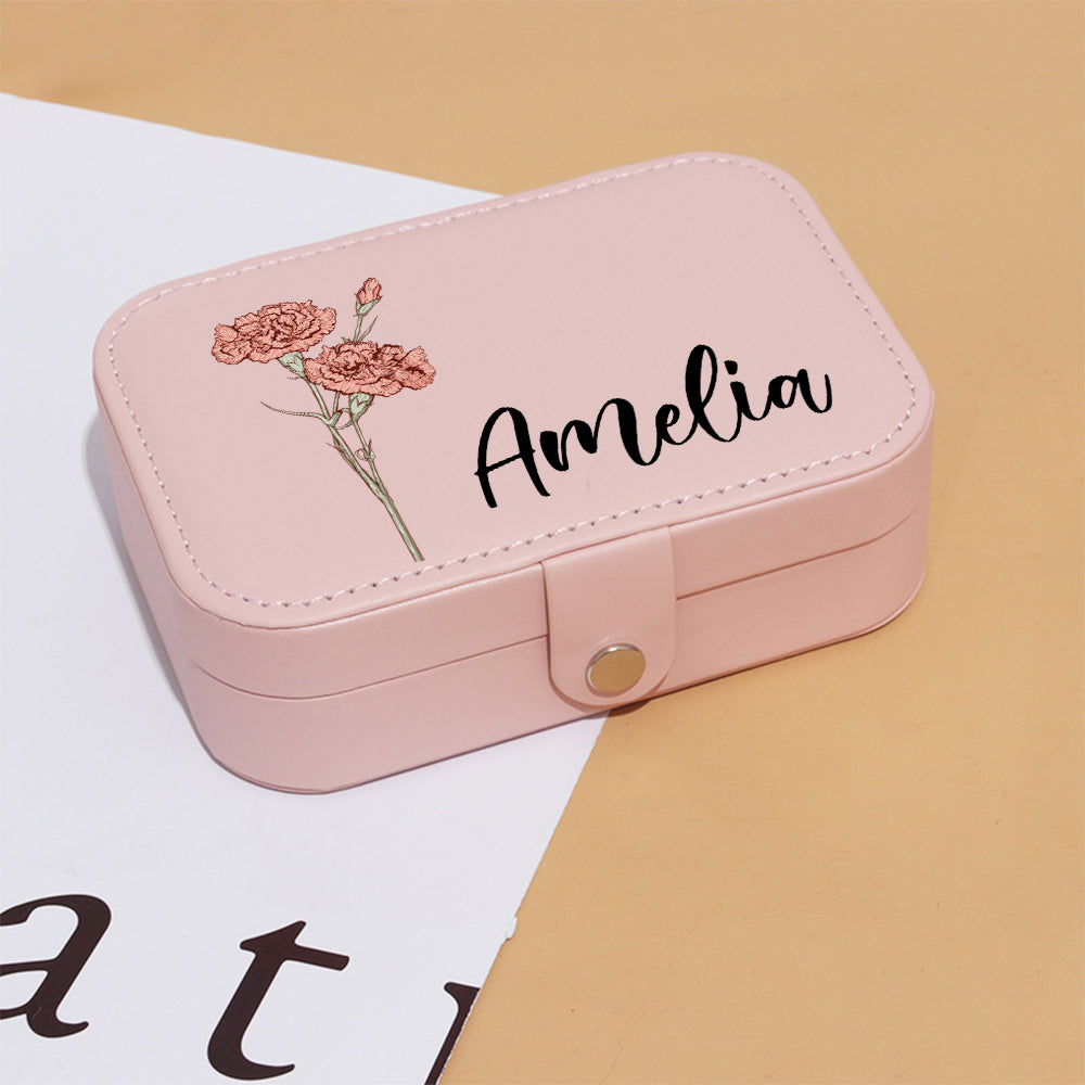 Personalized Birth Flower Leather Travel Jewelry Box with Name Waterproof Multiple Compartments Birthday Bridesmaid Gift for Women Girls