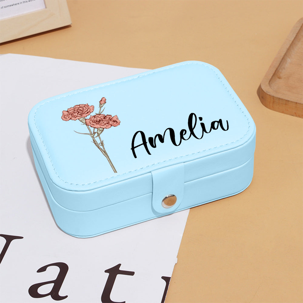 Personalized Birth Flower Leather Travel Jewelry Box with Name Waterproof Multiple Compartments Birthday Bridesmaid Gift for Women Girls