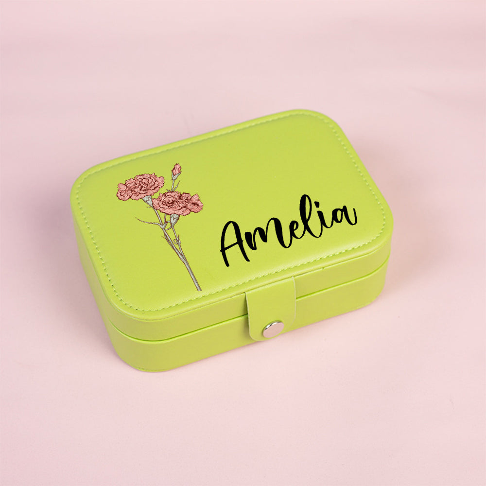 Personalized Birth Flower Leather Travel Jewelry Box with Name Waterproof Multiple Compartments Birthday Bridesmaid Gift for Women Girls