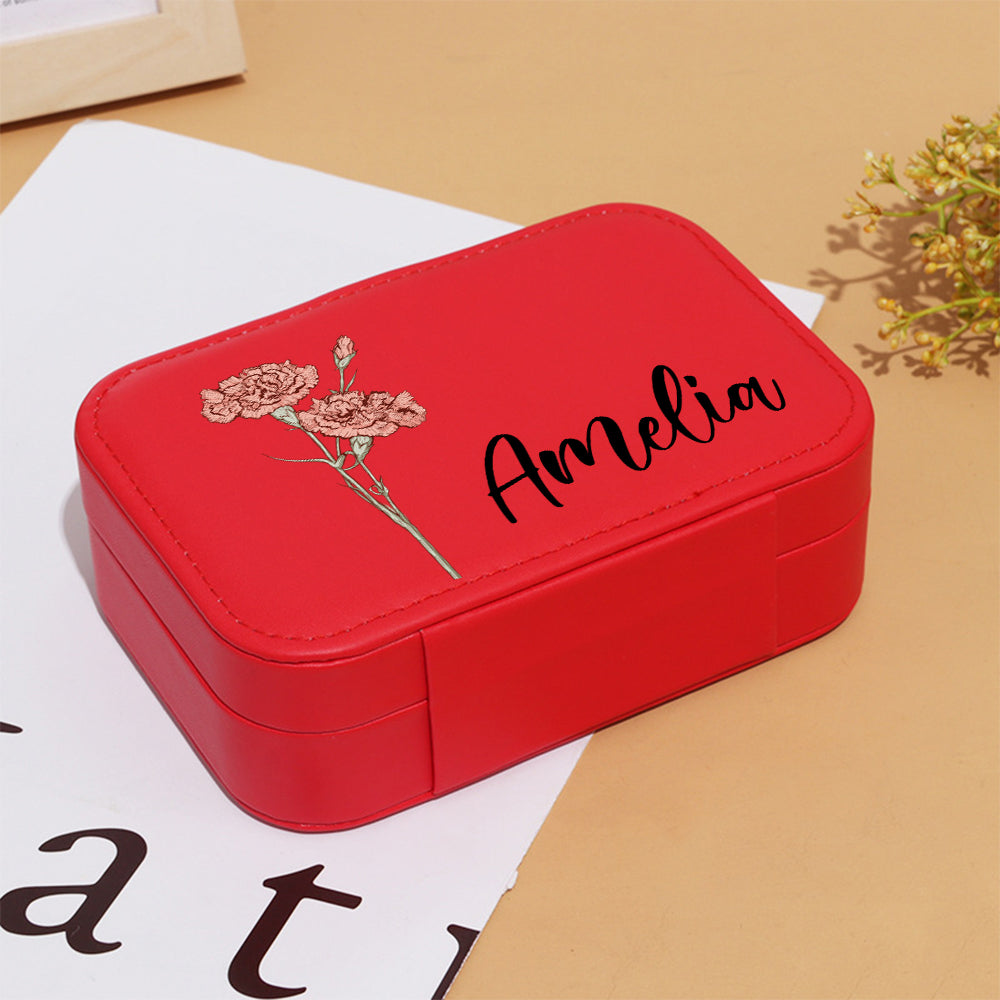 Personalized Birth Flower Leather Travel Jewelry Box with Name Waterproof Multiple Compartments Birthday Bridesmaid Gift for Women Girls