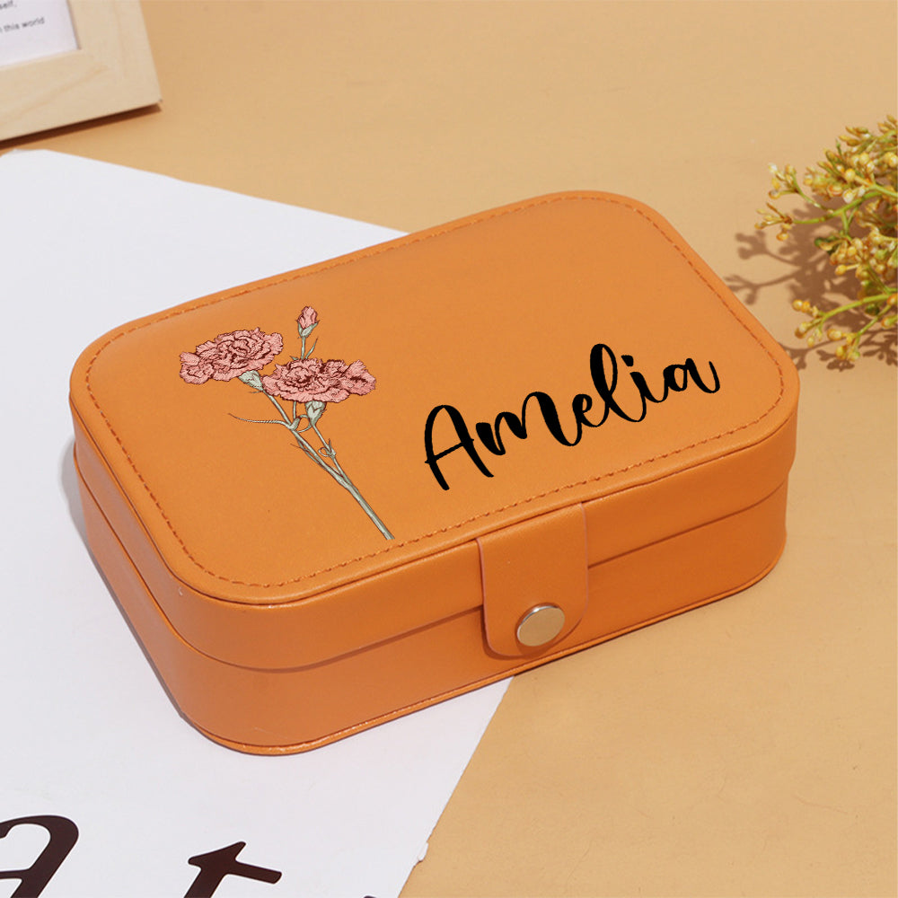 Personalized Birth Flower Leather Travel Jewelry Box with Name Waterproof Multiple Compartments Birthday Bridesmaid Gift for Women Girls