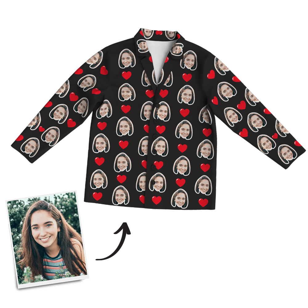 Custom Photo Long Sleeve Pajamas, Sleepwear, Nightwear - Heart