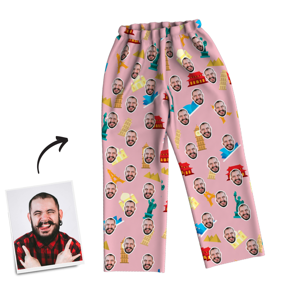 Custom Face Photo Pajama Pants Travel Around The World, Nightwear