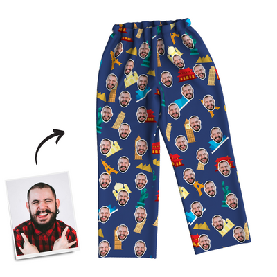 Custom Face Photo Pajama Pants Travel Around The World, Nightwear - mysiliconefoodbag