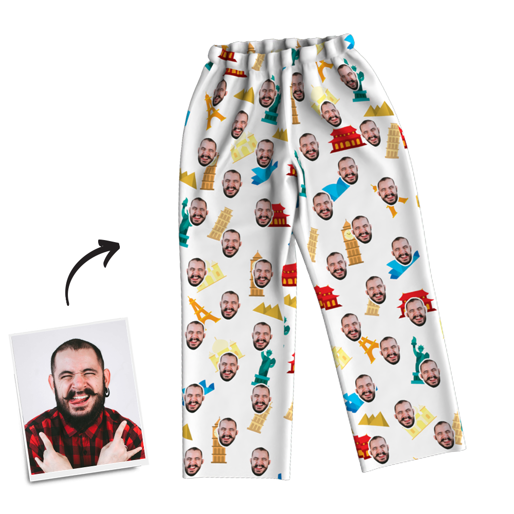 Custom Face Photo Pajama Pants Travel Around The World, Nightwear