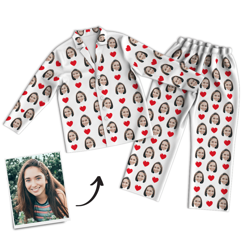 Custom Photo Long Sleeve Pajamas, Sleepwear, Nightwear - Heart