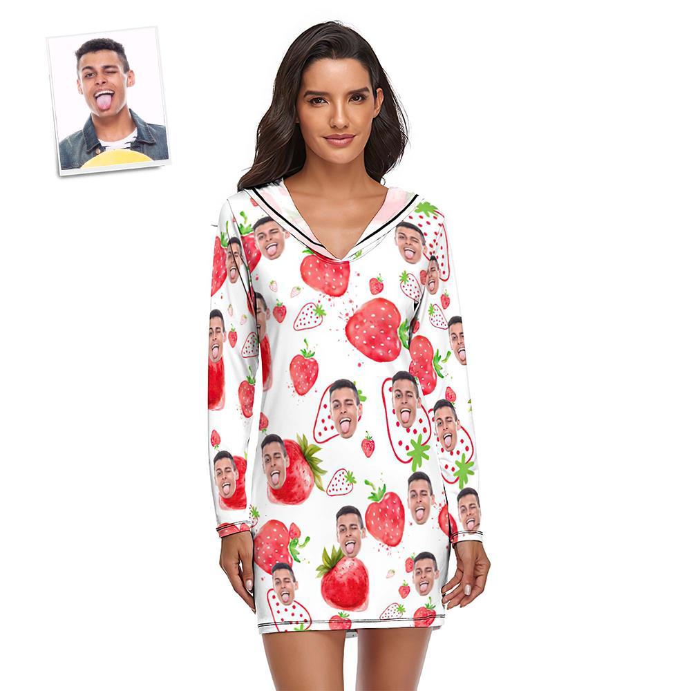 Custom Face Pajamas Women's Pajama Sets Long-sleeved Dress Summer Sleepwear - Strawberry