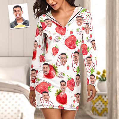 Custom Face Pajamas Women's Pajama Sets Long-sleeved Dress Summer Sleepwear - Strawberry - mysiliconefoodbag