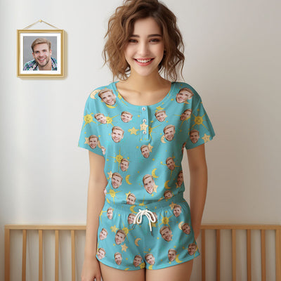 Custom Face Pajamas Women Blue Short Pajama Set Gift - mysiliconefoodbag