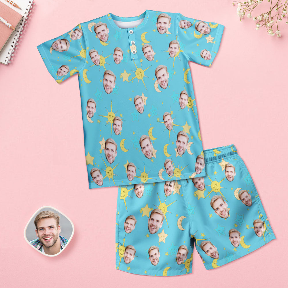 Custom Face Pajamas Women Blue Short Pajama Set Gift