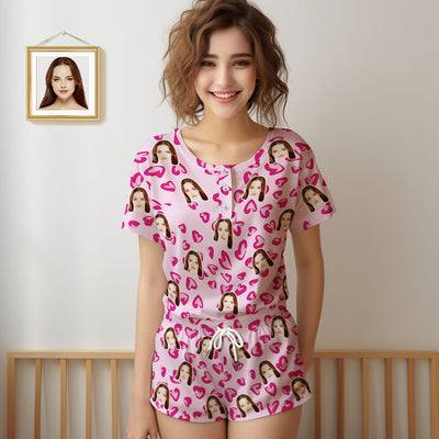 Custom Face Pajamas Women Blue Short Pajama Set Gift Pink Heart - mysiliconefoodbag