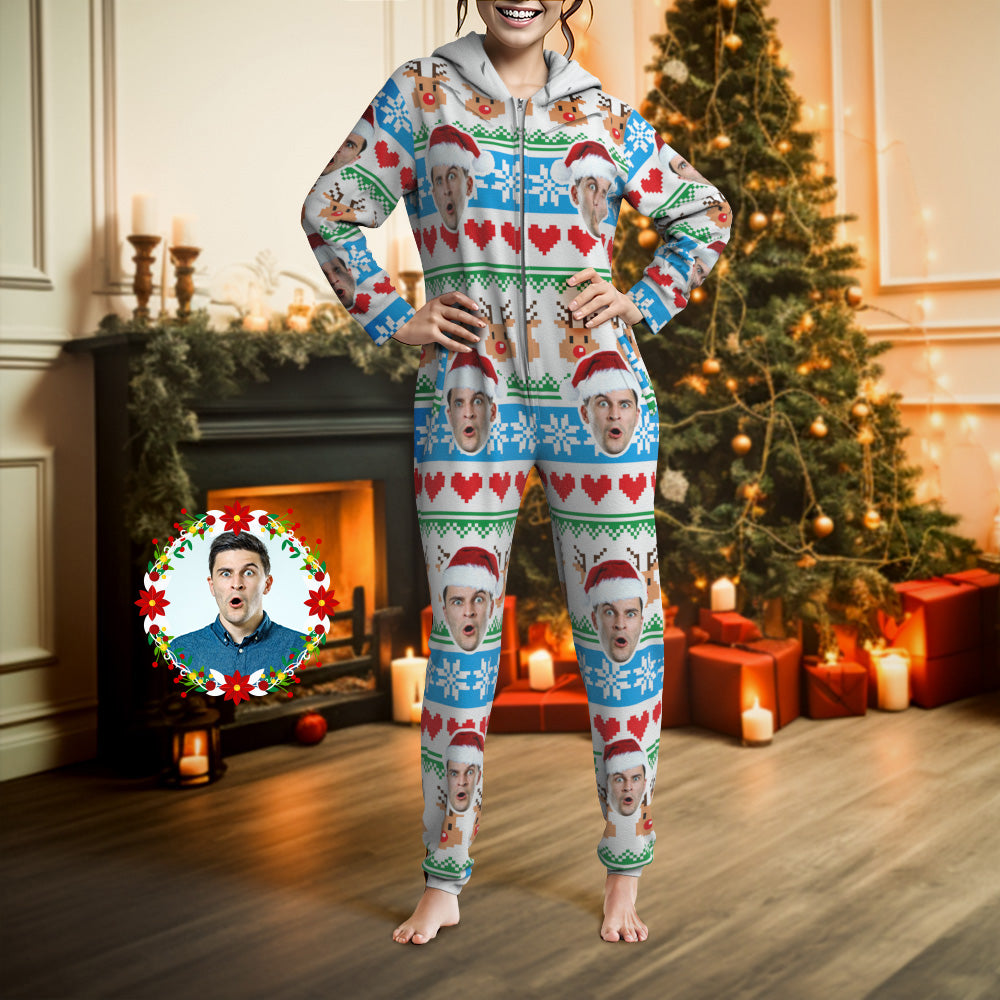 Custom Face Christmas Print Onesies Pajamas One-Piece Sleepwear Christmas Gift