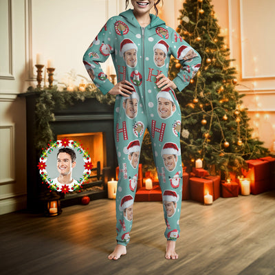 Custom Face Onesies Pajamas HO HO Christmas One-Piece Sleepwear Christmas Gift - mysiliconefoodbag