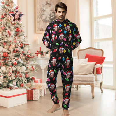 Custom Face Christmas Lights Printed Flannel Fleece Onesie Pajamas Personalized Face Jumpsuit Homewear Christmas Gift - mysiliconefoodbag