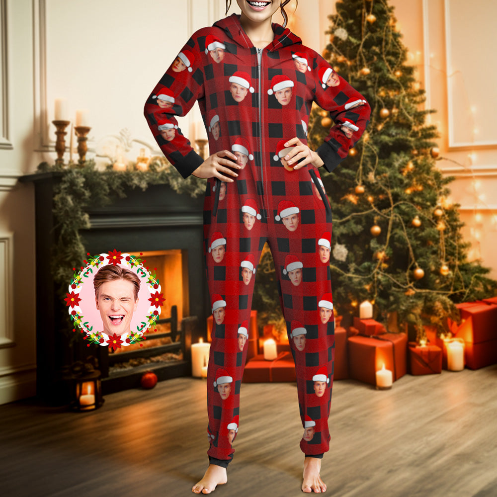 Custom Onesies Photo Pajamas One-Piece Sleepwear Red and Black Plaid Jumpsuit Homewear Christmas Gift