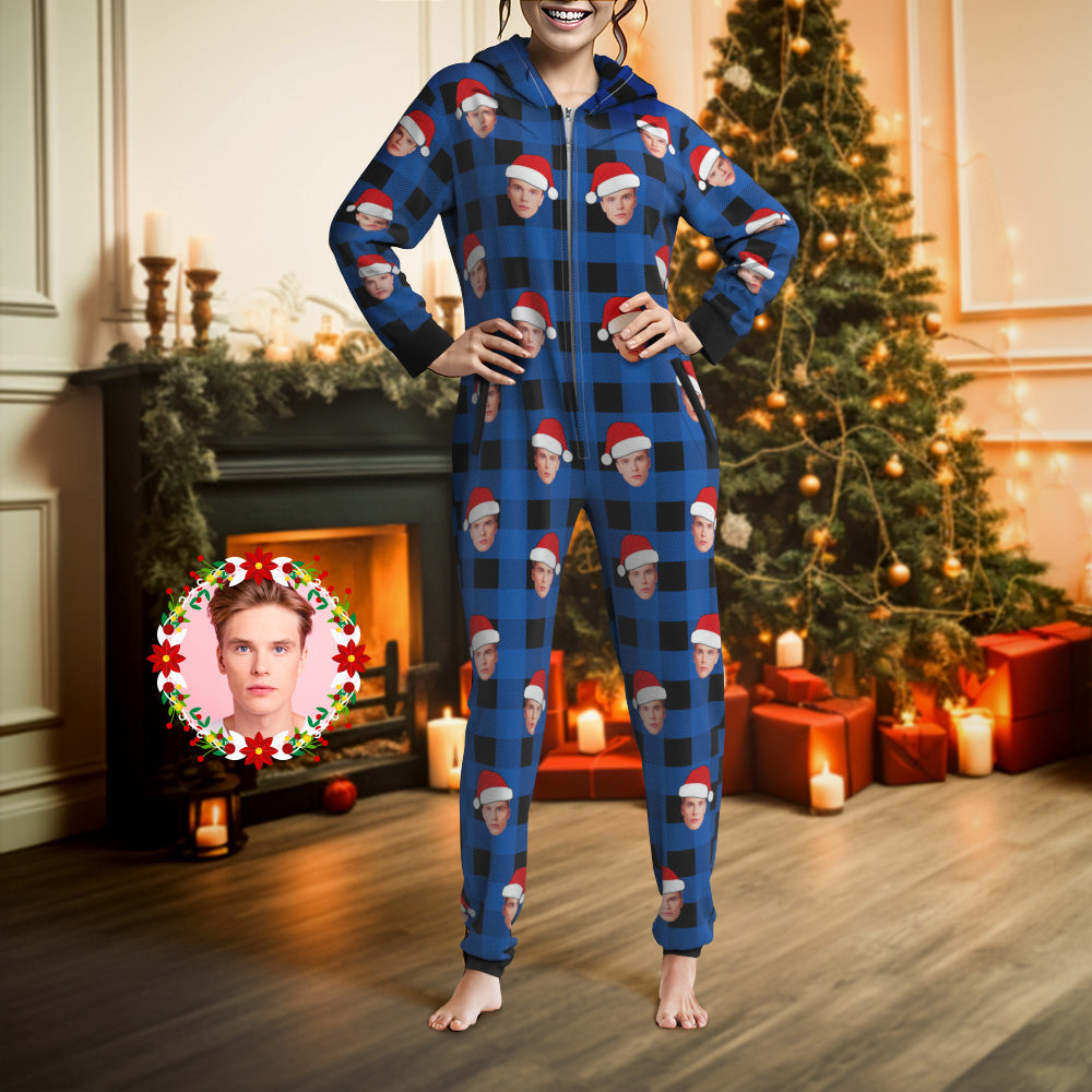 Custom Onesies Photo Pajamas One-Piece Sleepwear Red and Black Plaid Jumpsuit Homewear Christmas Gift