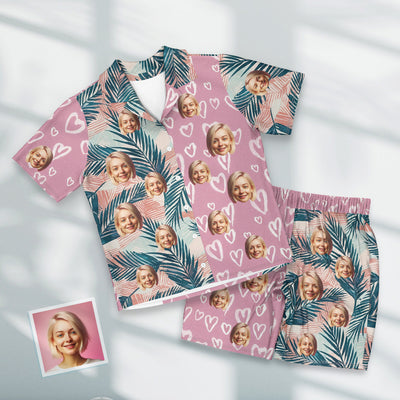 Custom Face Short Sleeve Pajamas Personalized Leaves Pajama Women Men Pink Sleepwear - mysiliconefoodbag