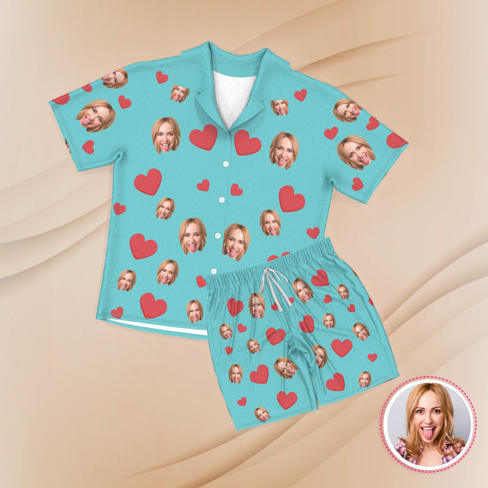 Custom Face Short Sleeve Pajamas Custom Red Heart Photo Pajamas