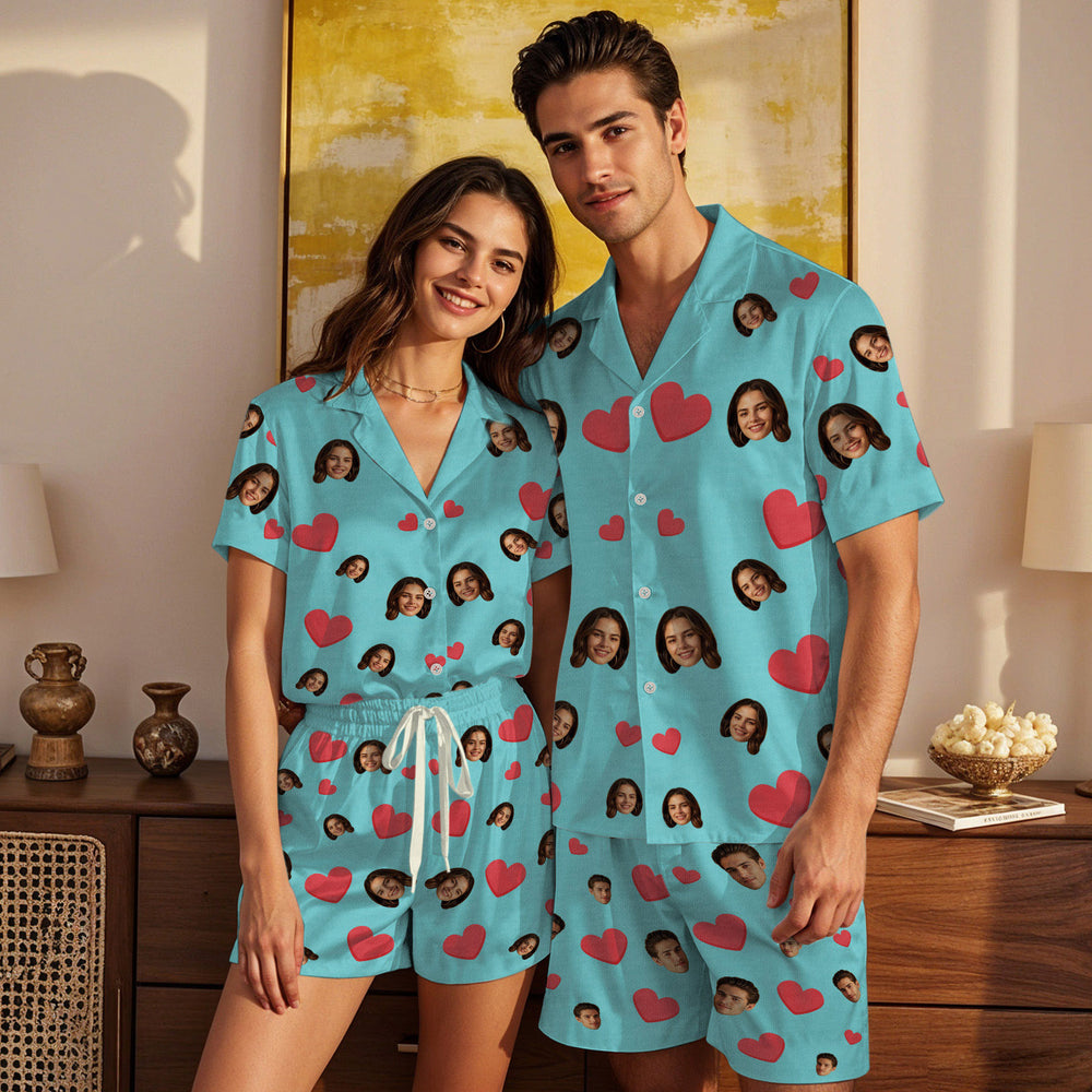 Custom Face Short Sleeve Pajamas Custom Red Heart Photo Pajamas