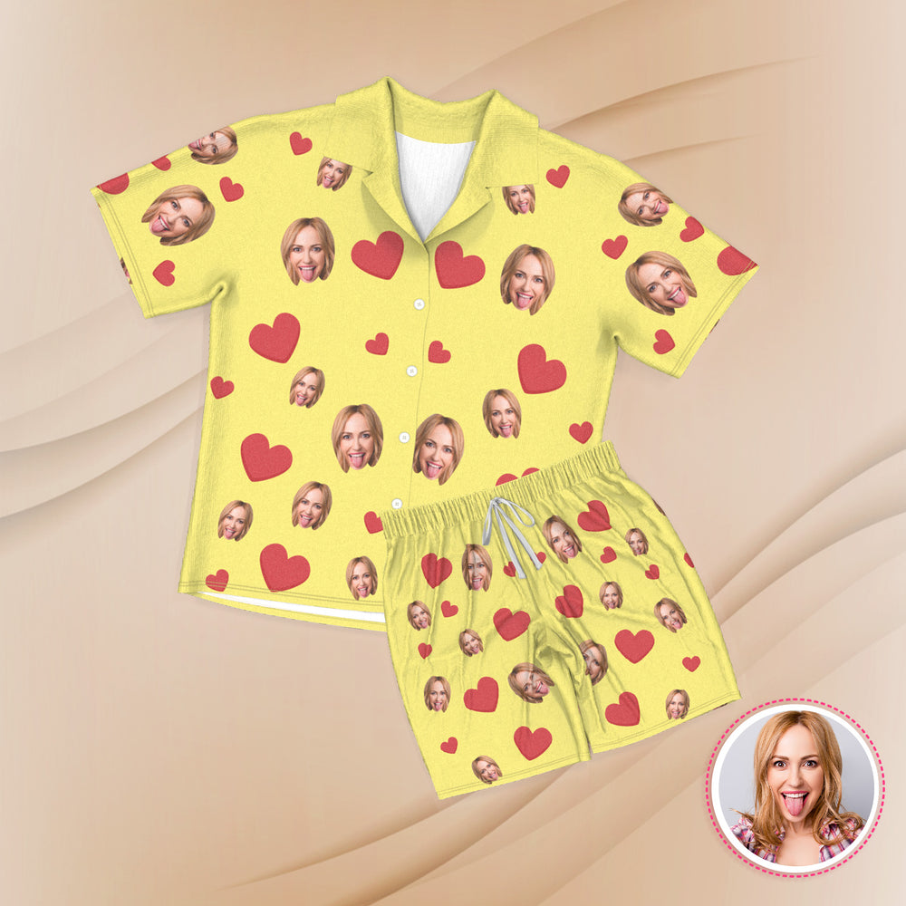 Custom Face Short Sleeve Pajamas Custom Red Heart Photo Pajamas