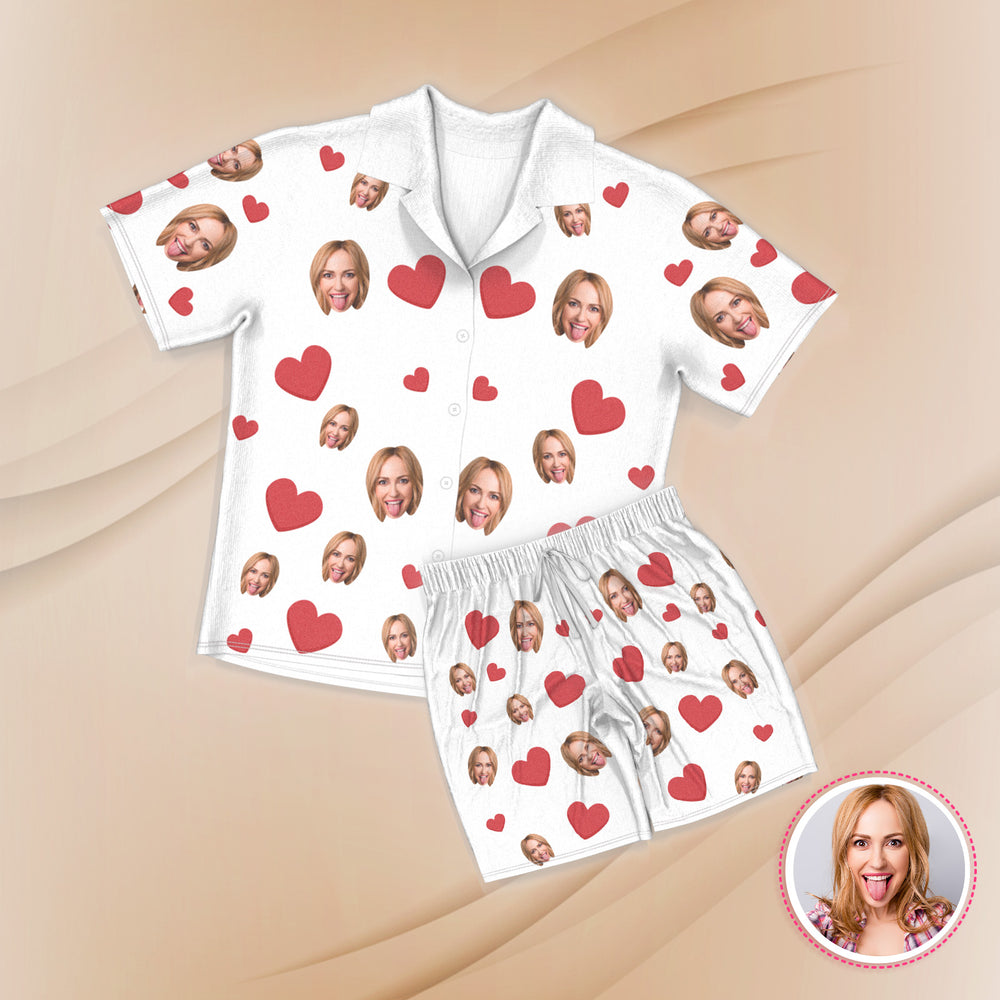 Custom Face Short Sleeve Pajamas Custom Red Heart Photo Pajamas