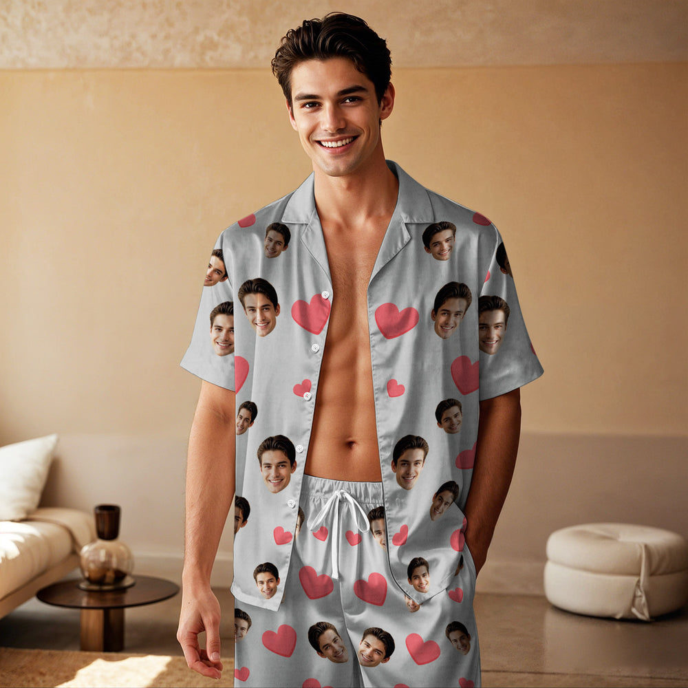 Custom Face Short Sleeve Pajamas Custom Red Heart Photo Pajamas